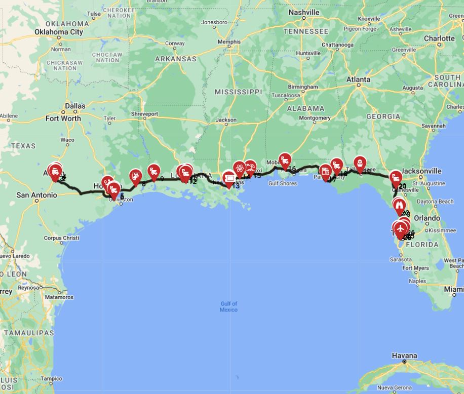 Map for Austin to Tampa